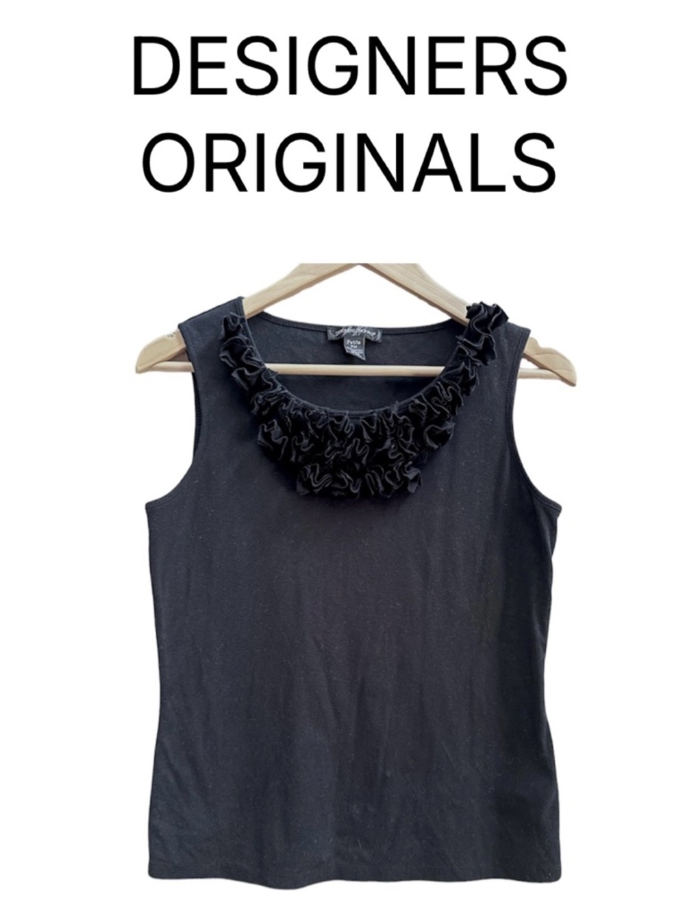 DESIGNERS ORIGINALS Black Tank Ruffle Neckline Sleeveless Top Shell Petite M